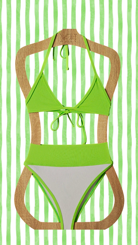 Green bikini on a wooden hanger against a green striped background