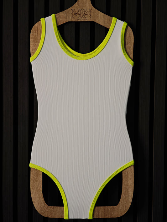 white swimwear with neon yellow edges for kids 2-10 years old 