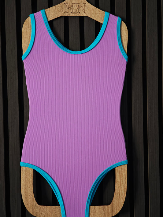 Mix of purple and blue one-piece swimsuit for kids aged 2-10, made from ribbed fabrics 
