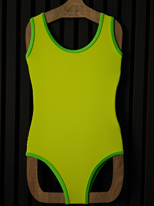 Neon yellow and green kids one-piece swimwear, aged 2-10 from premium ribbed fabrics